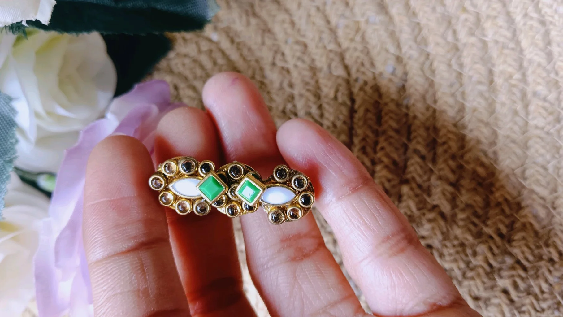 Traditional Gold Tone Saree Brooch Pin with Green and White Stones
