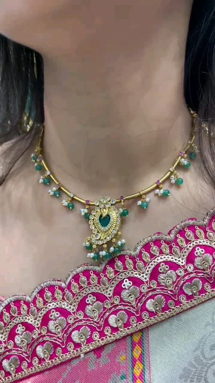 Gold Plated Peacock Necklace with Green Stones and Pearls