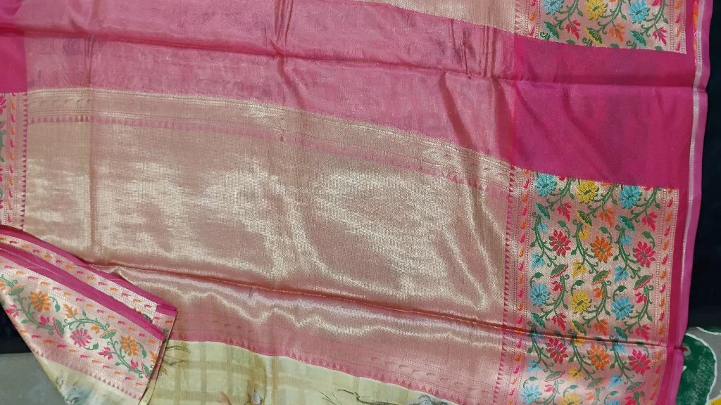 Light Yellow Floral Fancy Saree with Pink Zari Border thumbnail 3