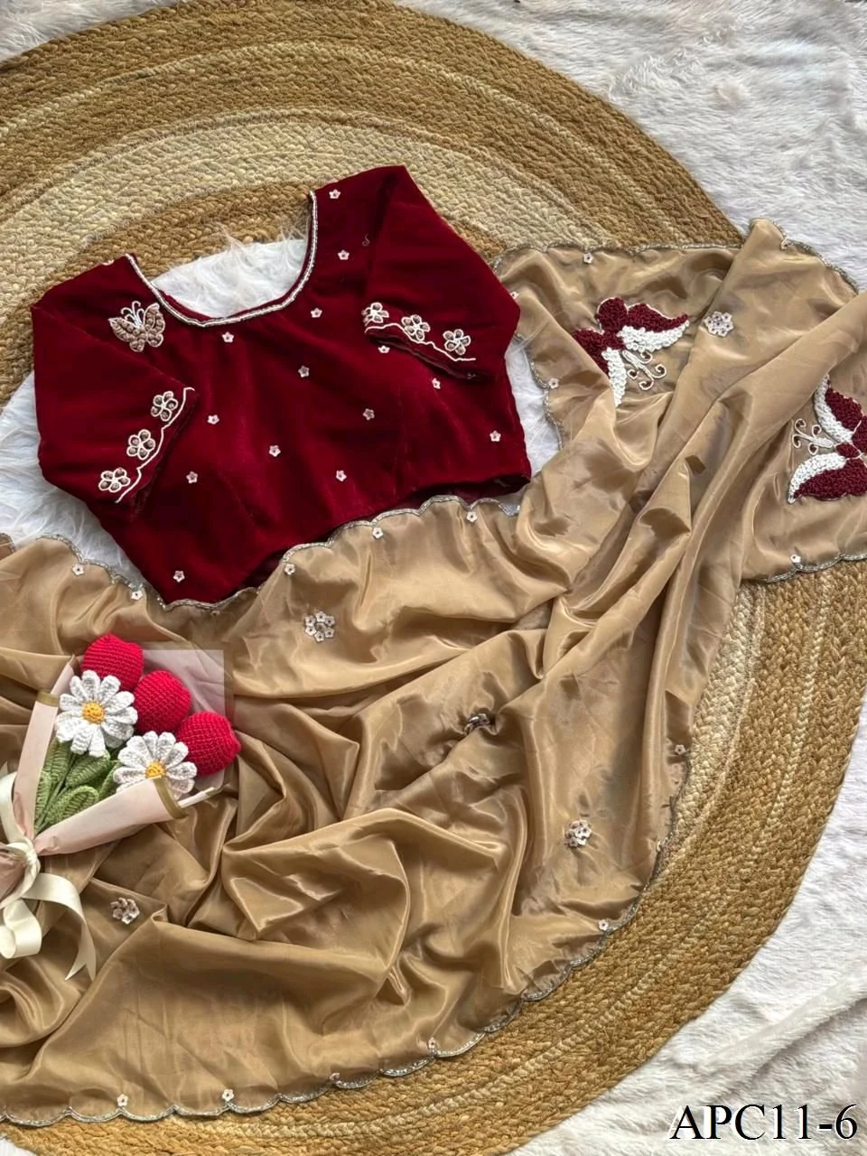 Maroon Velvet Saree with Beige Bottom and Floral Embroidery 3