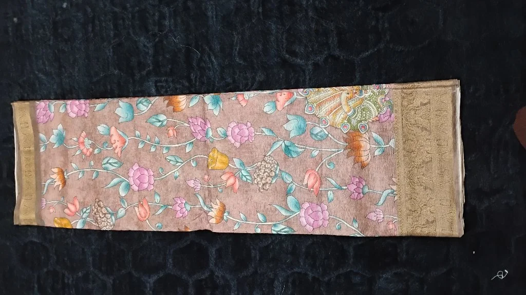 Beige Floral Peacock Print Silk Saree with Zari Border 4