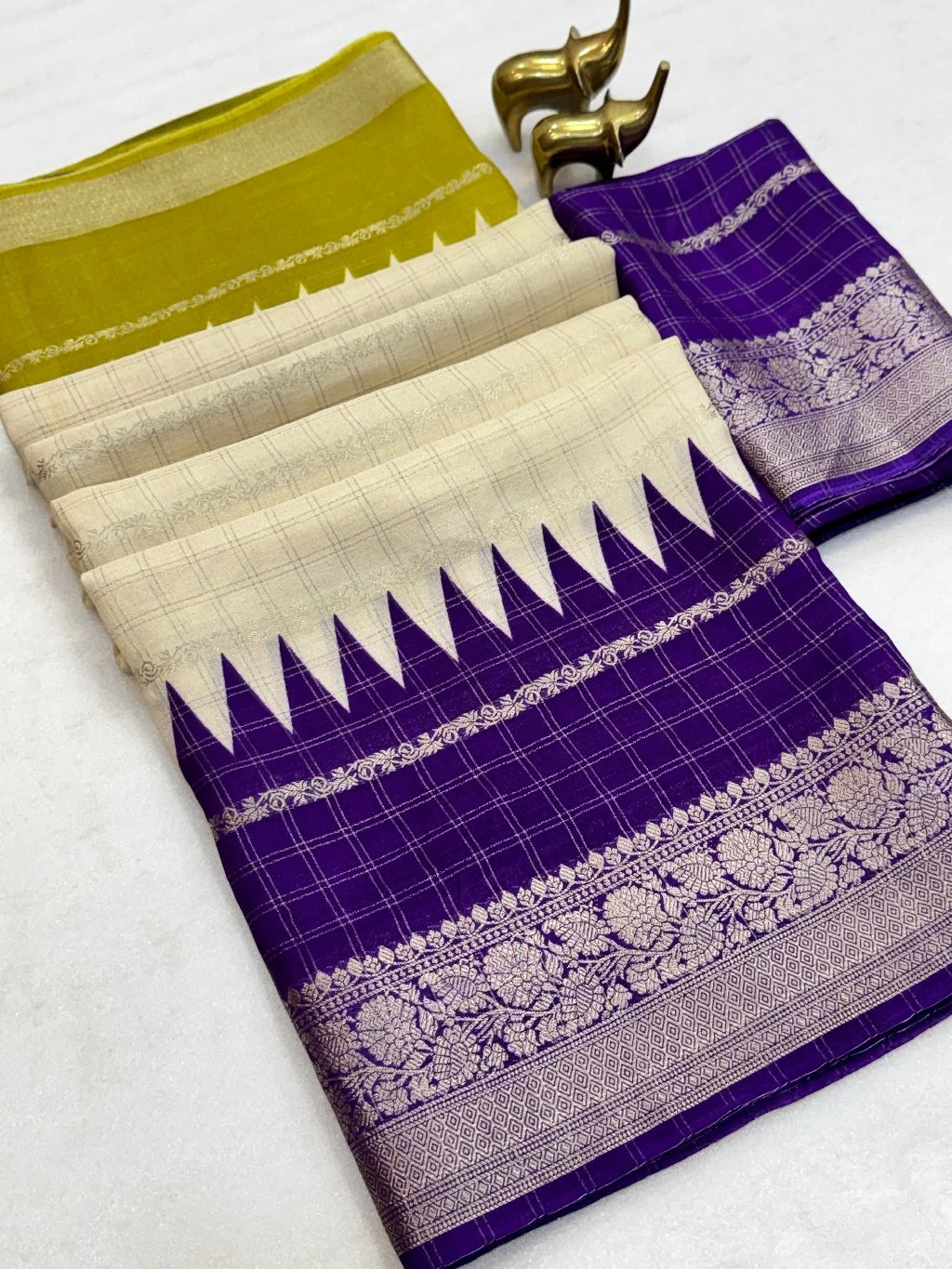 Cream and Purple Marshmallow Saree with Zari Border
