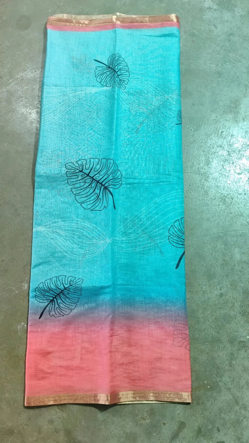 Aqua Blue Ombre Linen Saree with Leaf Print thumbnail 2
