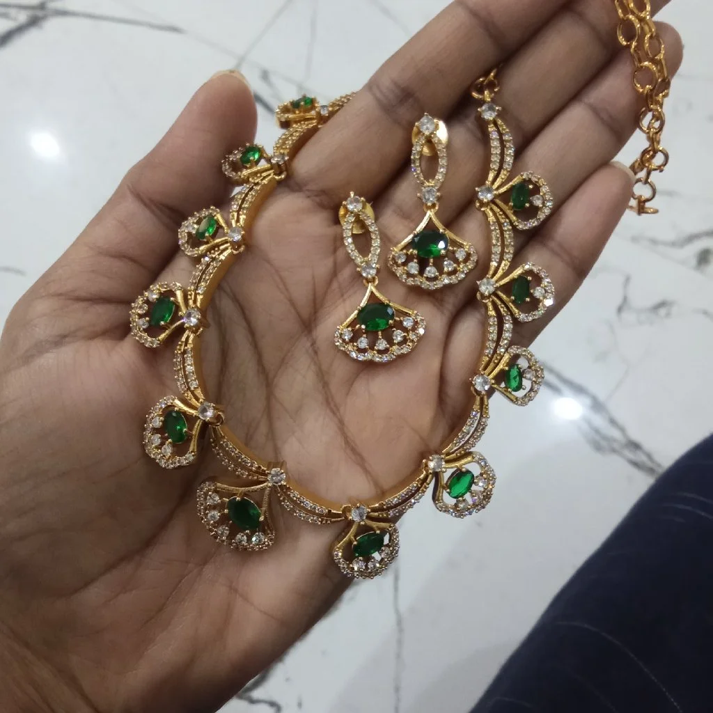 Gold Plated Green Stone Necklace Set with Earrings