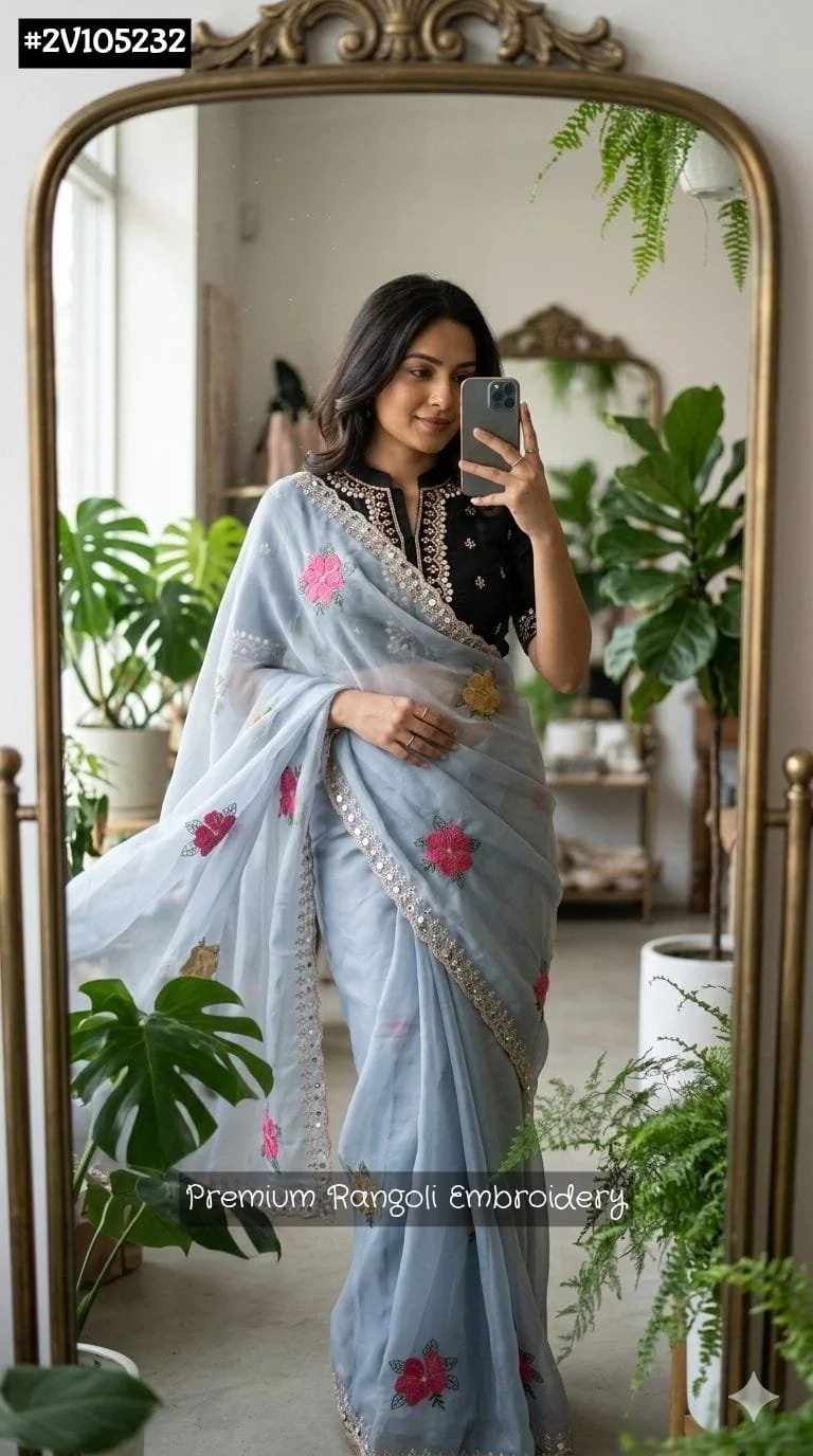 Cream Saree with Premium Rangoli Floral Embroidery and Mirror Work 3