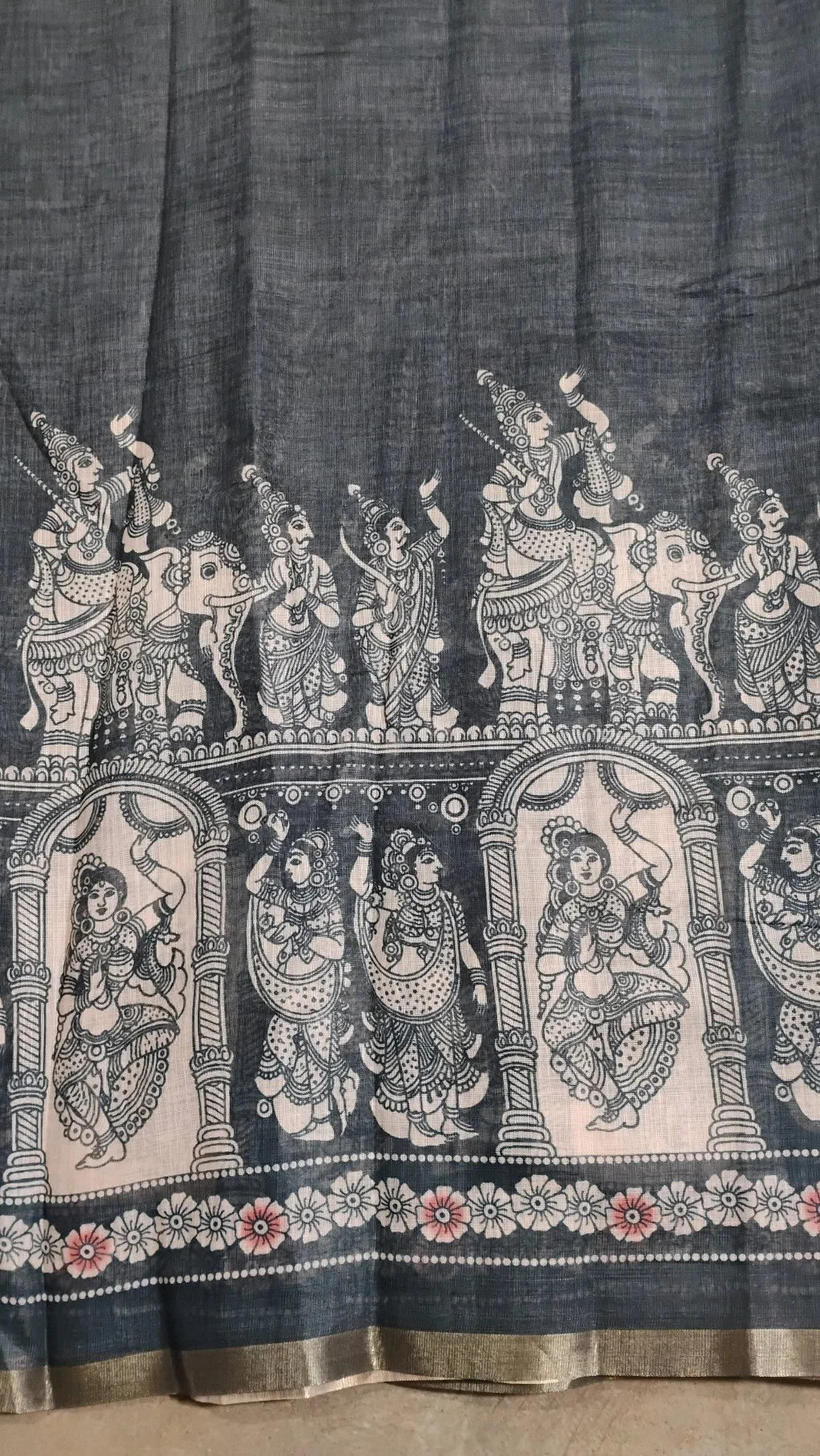 Grey Kalamkari Print Linen Maheshwari Saree thumbnail 3