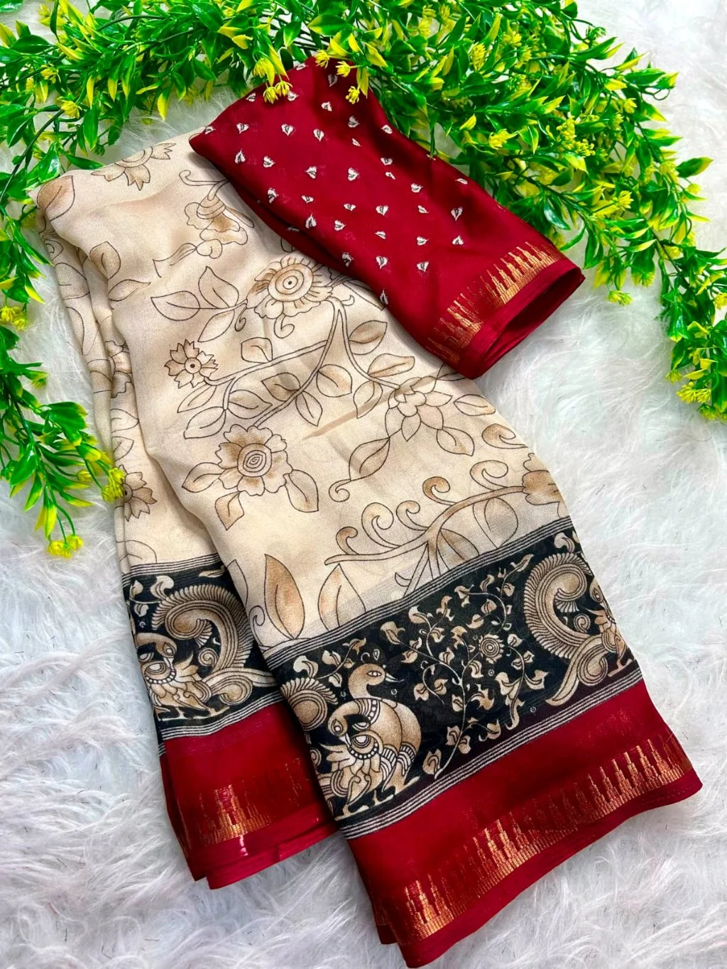 Cream Kalamkari Print Saree with Red Border thumbnail 4