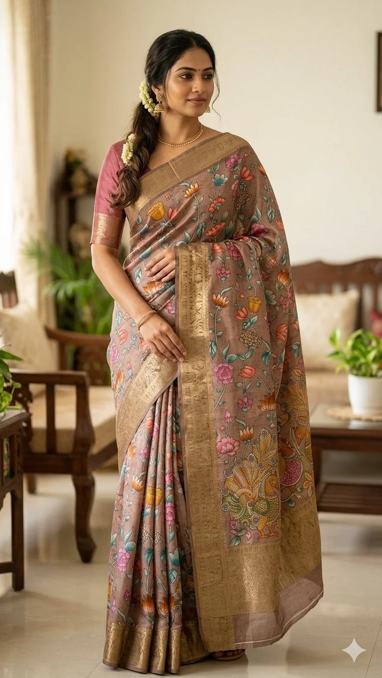 Beige Floral Peacock Print Silk Saree with Zari Border