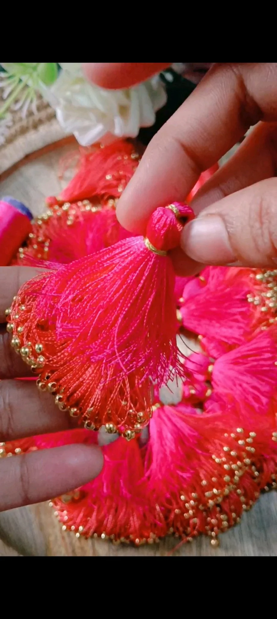 Pink Orange Silk Thread Saree Tassels with Gold Beads thumbnail 4