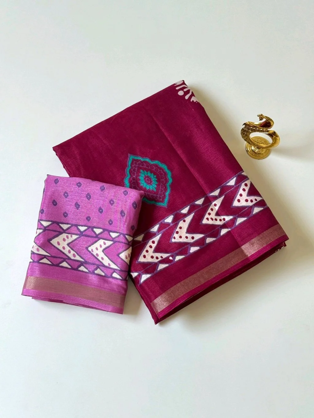Mul Cotton Saree with Block Print Border and Matching Blouse thumbnail 1