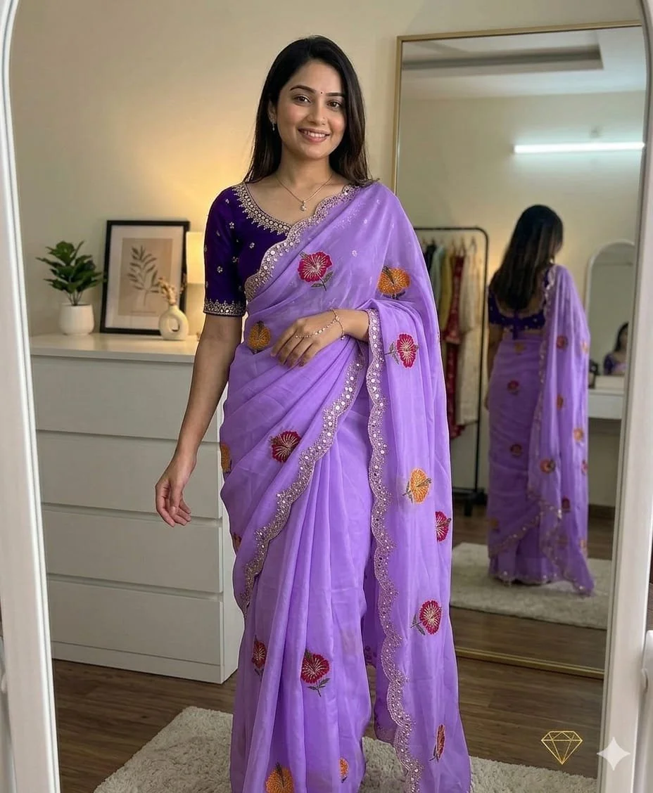 Purple Floral Embroidered Saree with Mirror Work Border - Variant 3 thumbnail 4