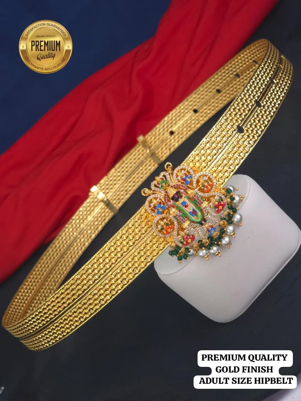 Premium Quality Gold Finish Adult Size Hipbelt with Lakshmi Peacock Design thumbnail 3