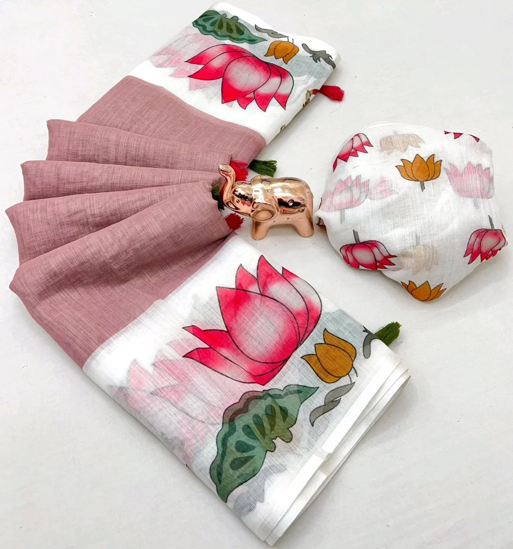 Abha Linen Saree with Elephant Digital Print 6