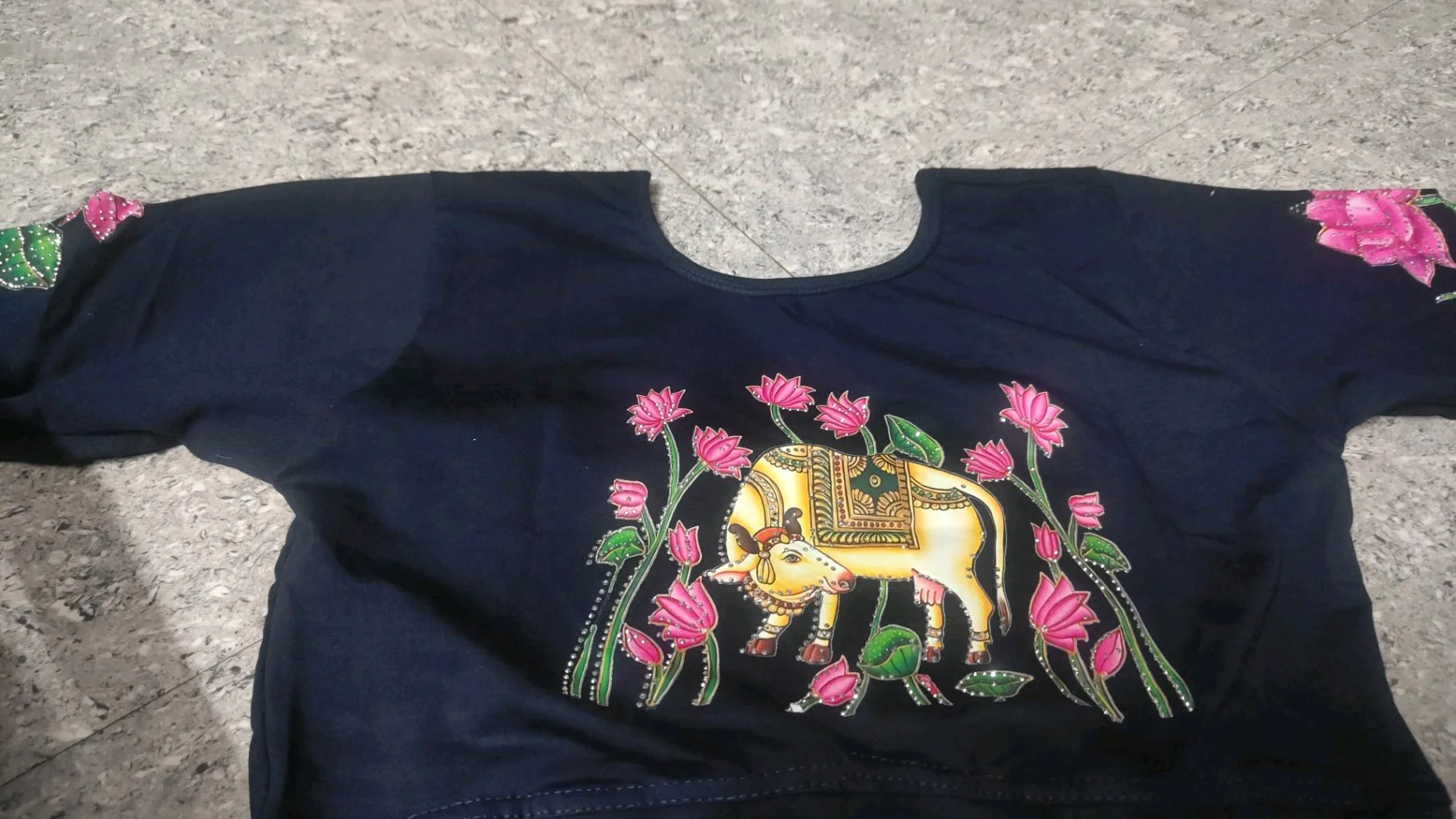 Hot Pink Blouse with Cow and Lotus Handpaint thumbnail 2