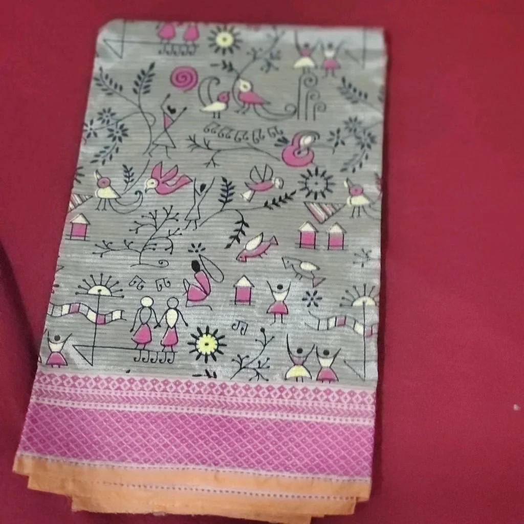 Warli Art Print Cotton Fabric with Pink Border