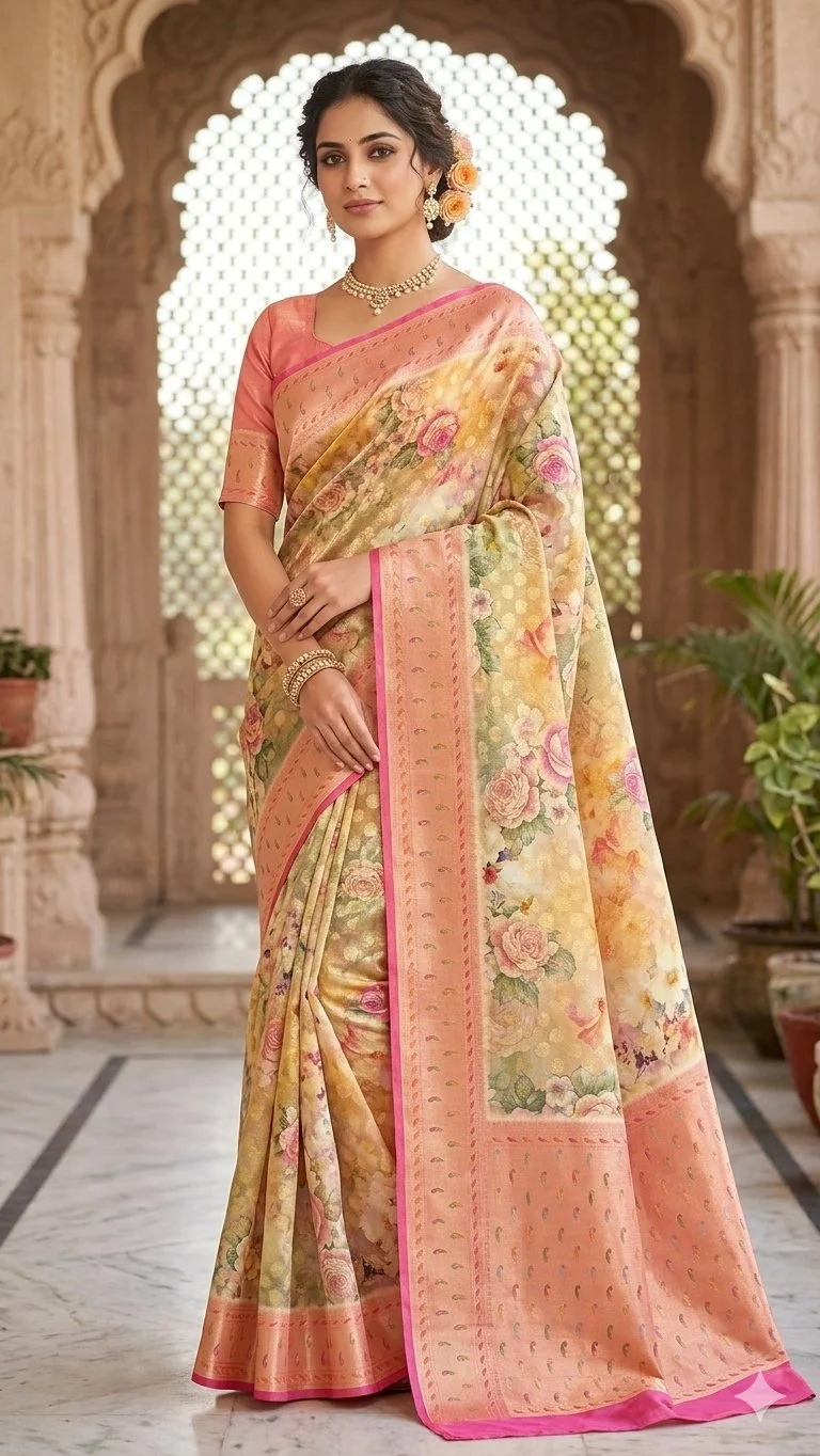 Light Yellow Floral Print Saree with Peach Zari Border