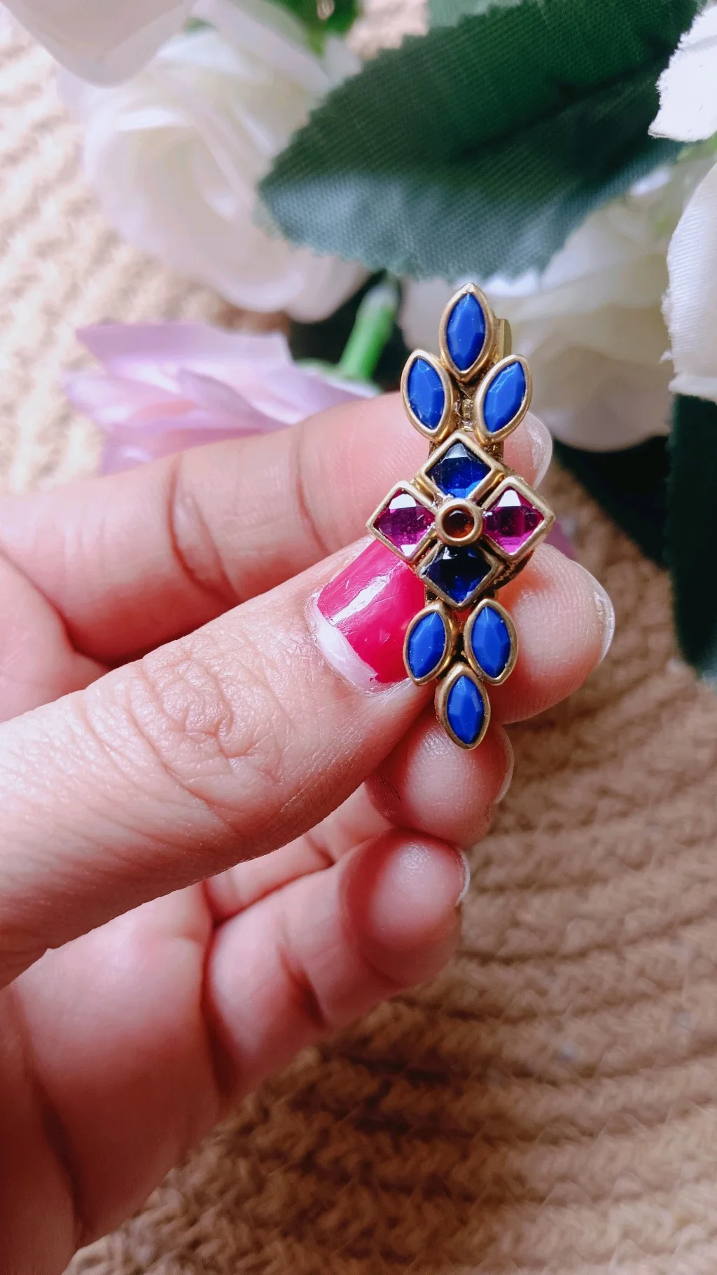 Gold Tone Blue and Magenta Stone Saree Brooch Pin
