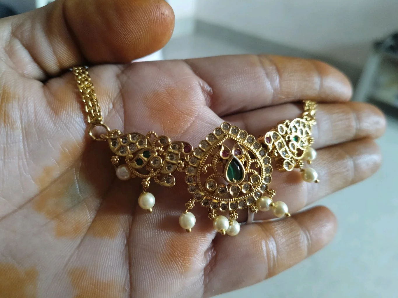 Gold Plated Traditional Choker Necklace with Ruby Emerald and Pearl Drops