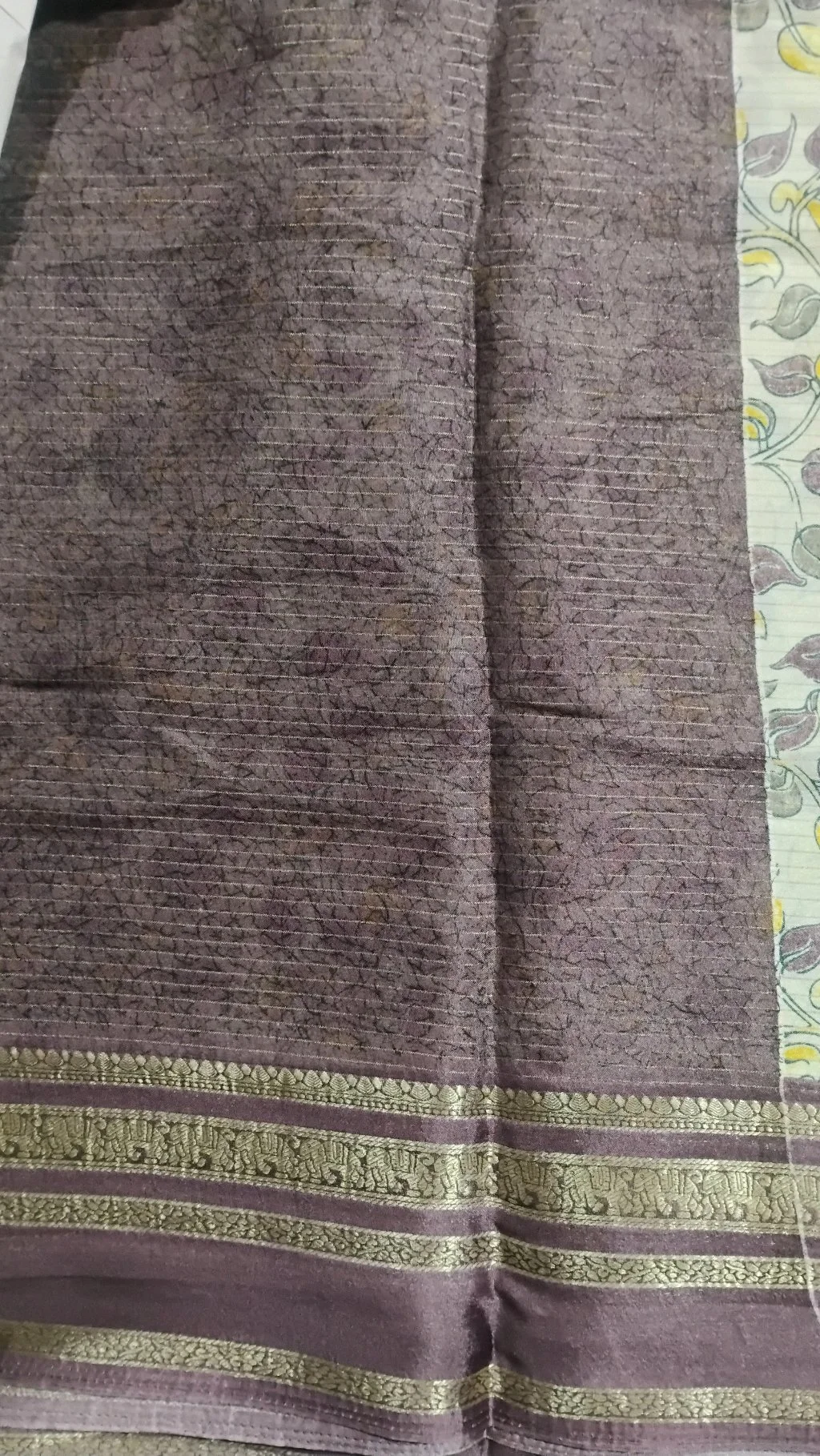 Cream Floral Print Silk Blend Saree with Purple Zari Border thumbnail 4