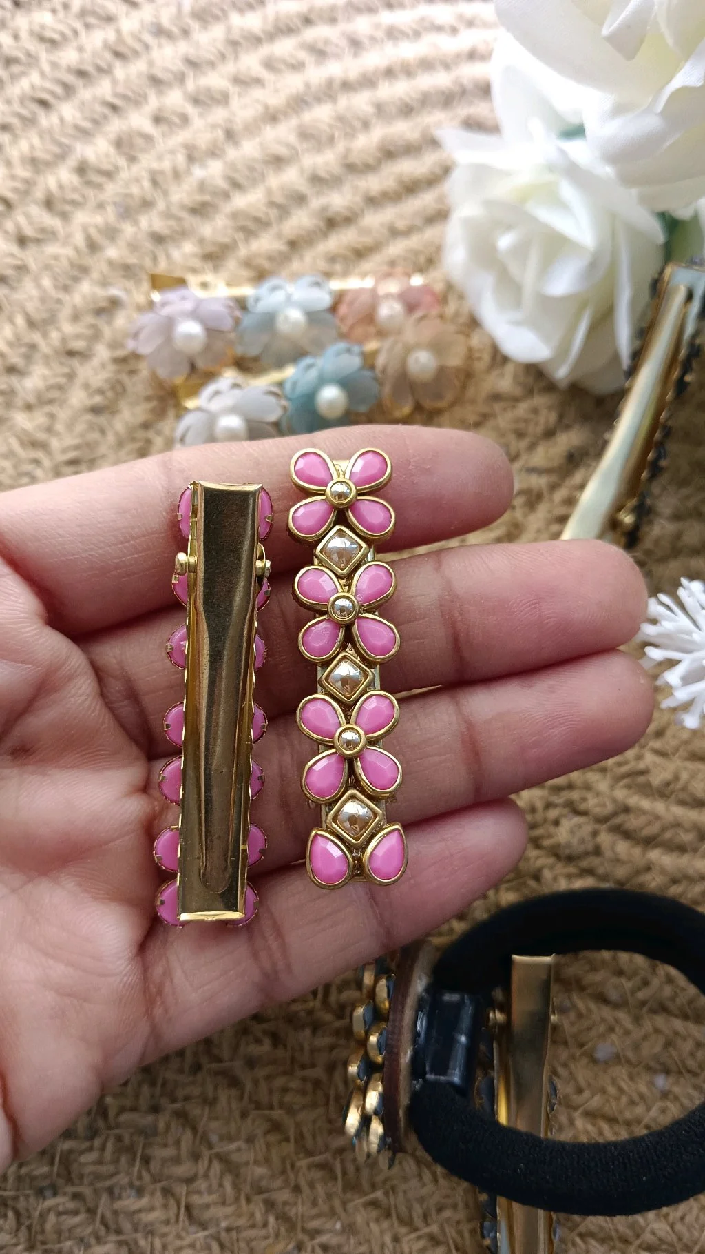 Gold Tone Pink Enamel Floral Alligator Hair Clips 2