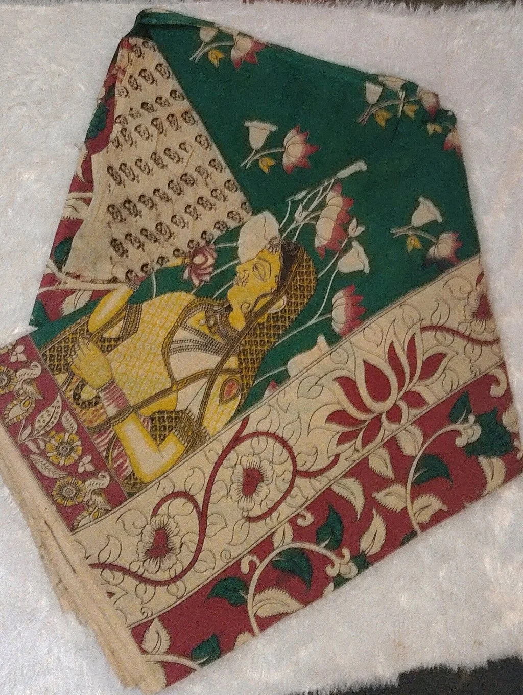Green Kalamkari Print Saree with Traditional Figure and Floral Borders