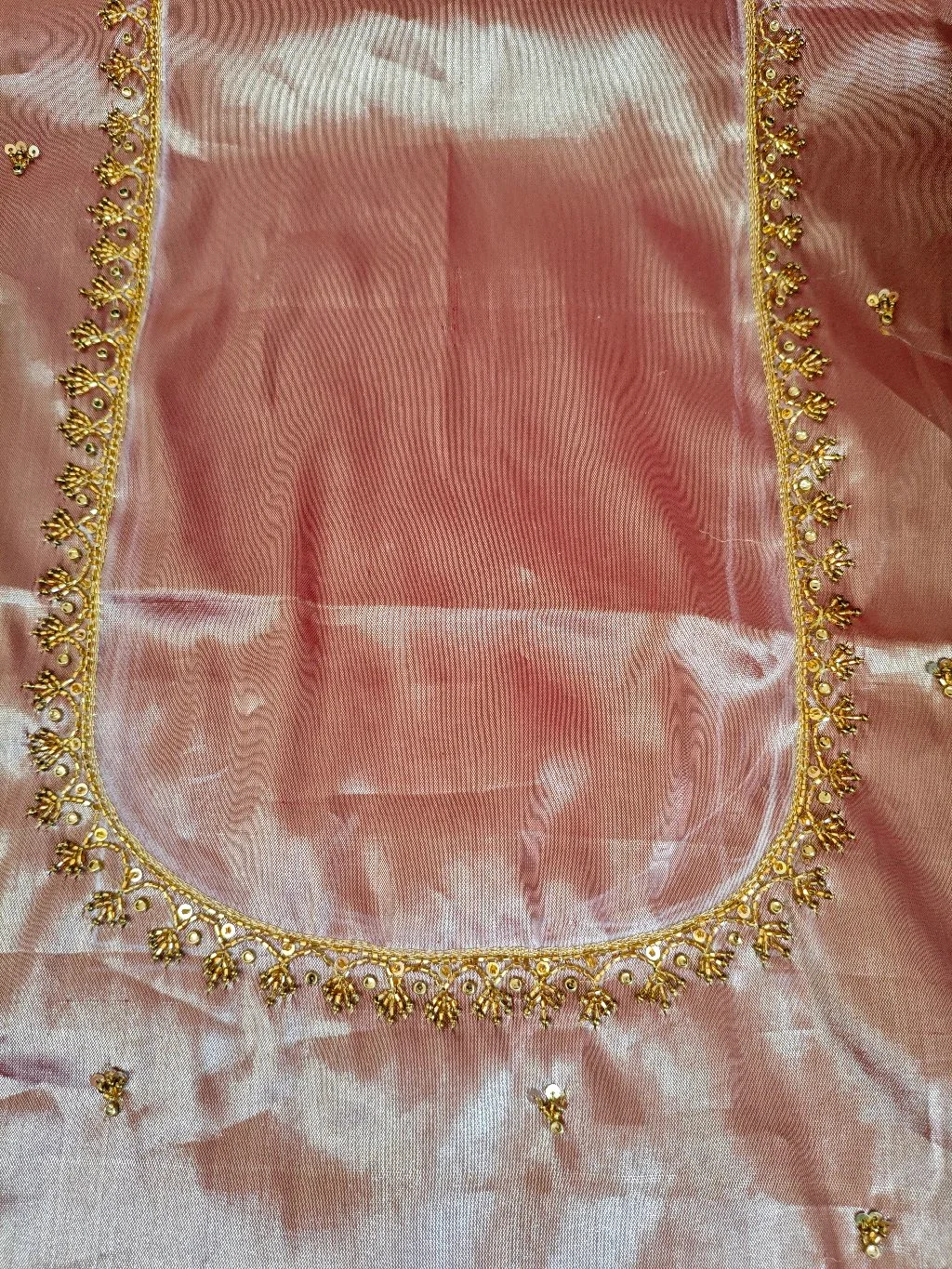 Light Pink Blouse Fabric with Gold Maggam Work Neckline thumbnail 1