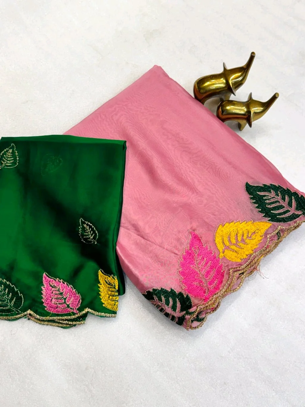 Rangoli Soft Silk Saree with Leaf Embroidery and Contrast Blouse 1