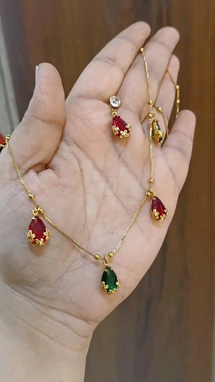 Gold Plated Chain with Red and Green Teardrop Stones 1