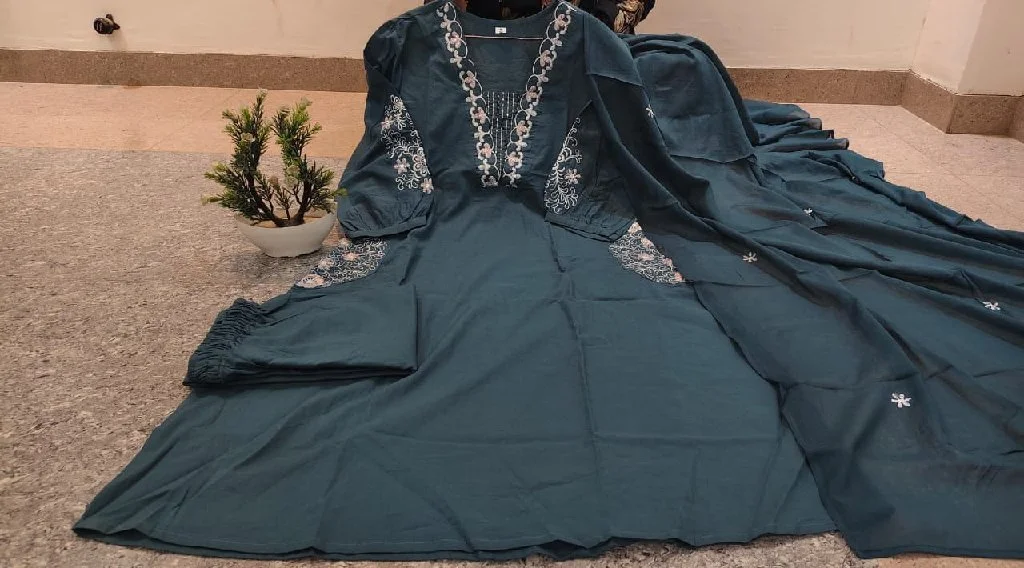 New Lounch Cotton Suit Set With Thread Work, Highlighting On The Kurta.Dupatta embroidery work cotton malmal and heavy work A-line patternProduct Color May Slightly Vary Due To Photographic Lighting Sources.Fabric: CottonBoth side pocket with embroidery work Fabric: Pure Cotton 6060 Size: M/38,L /40,XL/42,XXL/44,3xl/46Colour : two colorsWork:- Full Embroidered work+ dupatta malmal embroidery workProduct: Kurti + Pant+dupata embroidery workShop Price : 1025Free shipping Ready to Dispatch (100% Quality products guarantee) 5