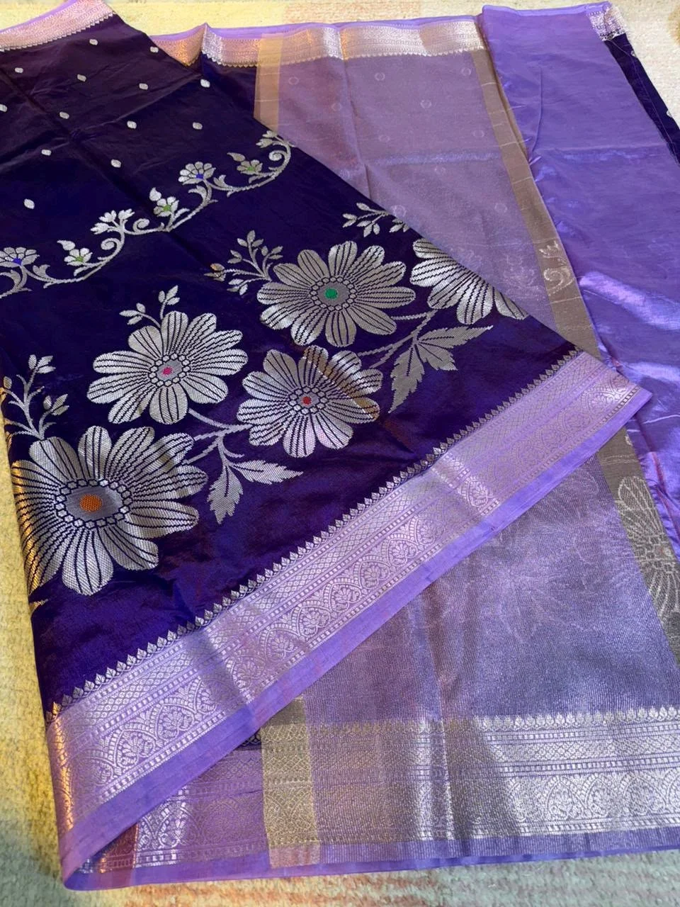 Red Silk Blend Saree with Teal Zari and Floral Design 7