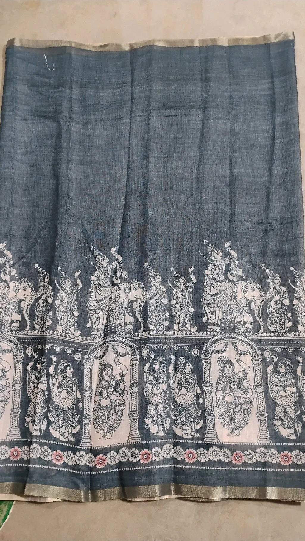 Grey Kalamkari Print Linen Maheshwari Saree thumbnail 2