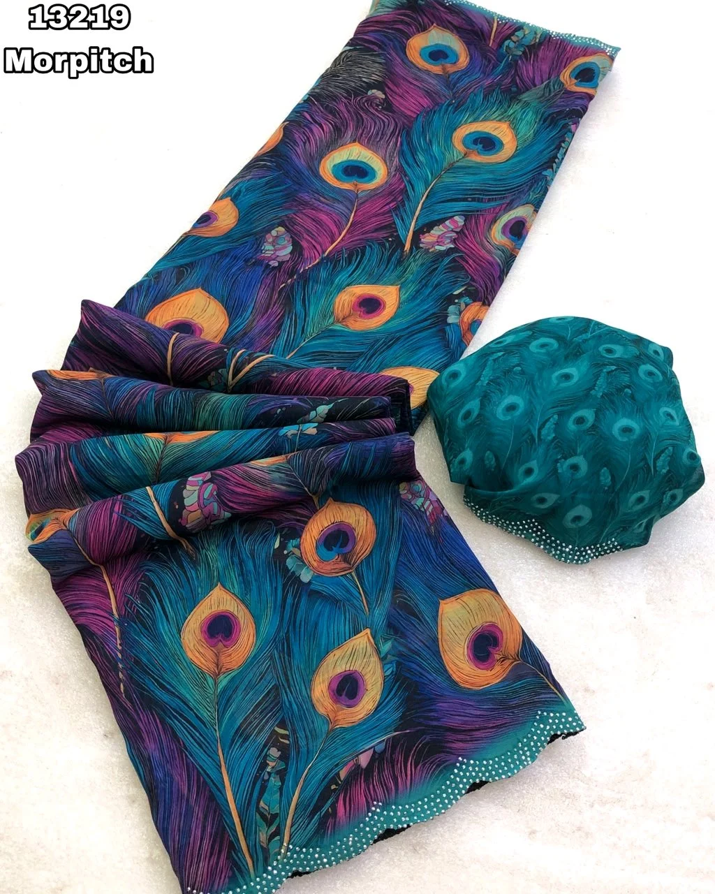 Vibrant Peacock Feather Print Saree Fabric thumbnail 2