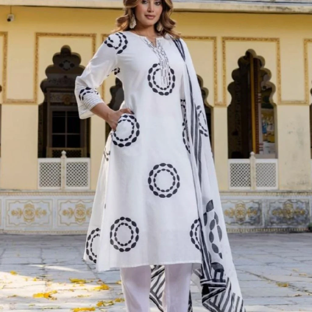 White Block Print 3 Piece Kurta Set