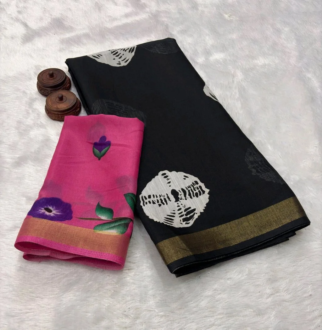 Mul Mul Cotton  Saree with Handpainted Floral Blouse Piece 5
