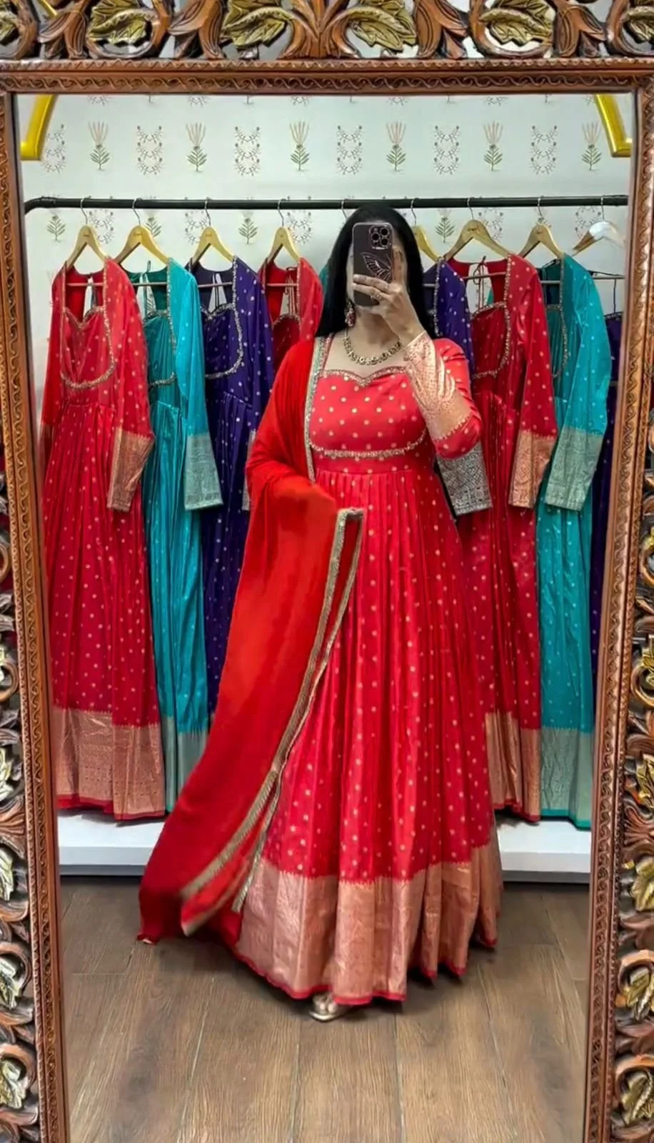 Anarkali Gown with Gold Zari Border and Dupatta 1