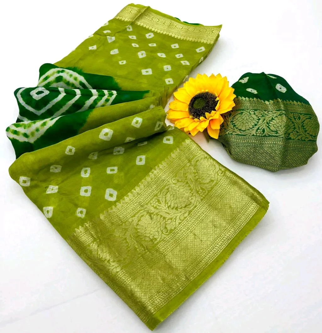 Kanjivaram  Bandhani Saree with Gold Zari Border 7