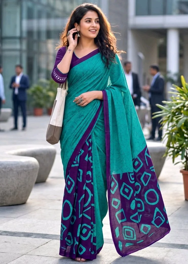 Soft Pure Cotton Sarees With Ikkat Print thumbnail 6