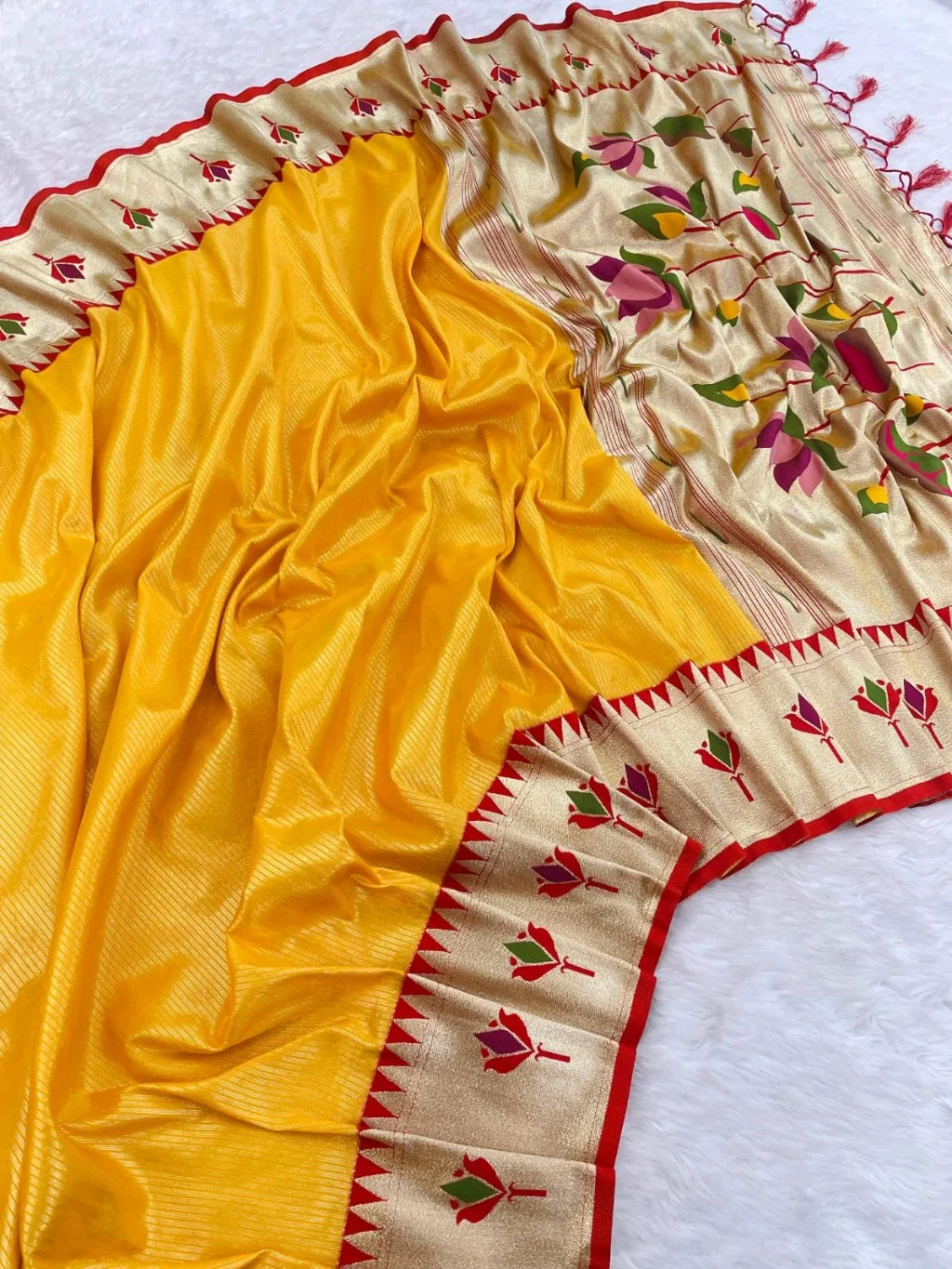Soft Tissue Silk Paithani Saree with Colorful Floral Pallu and Gold Border 3