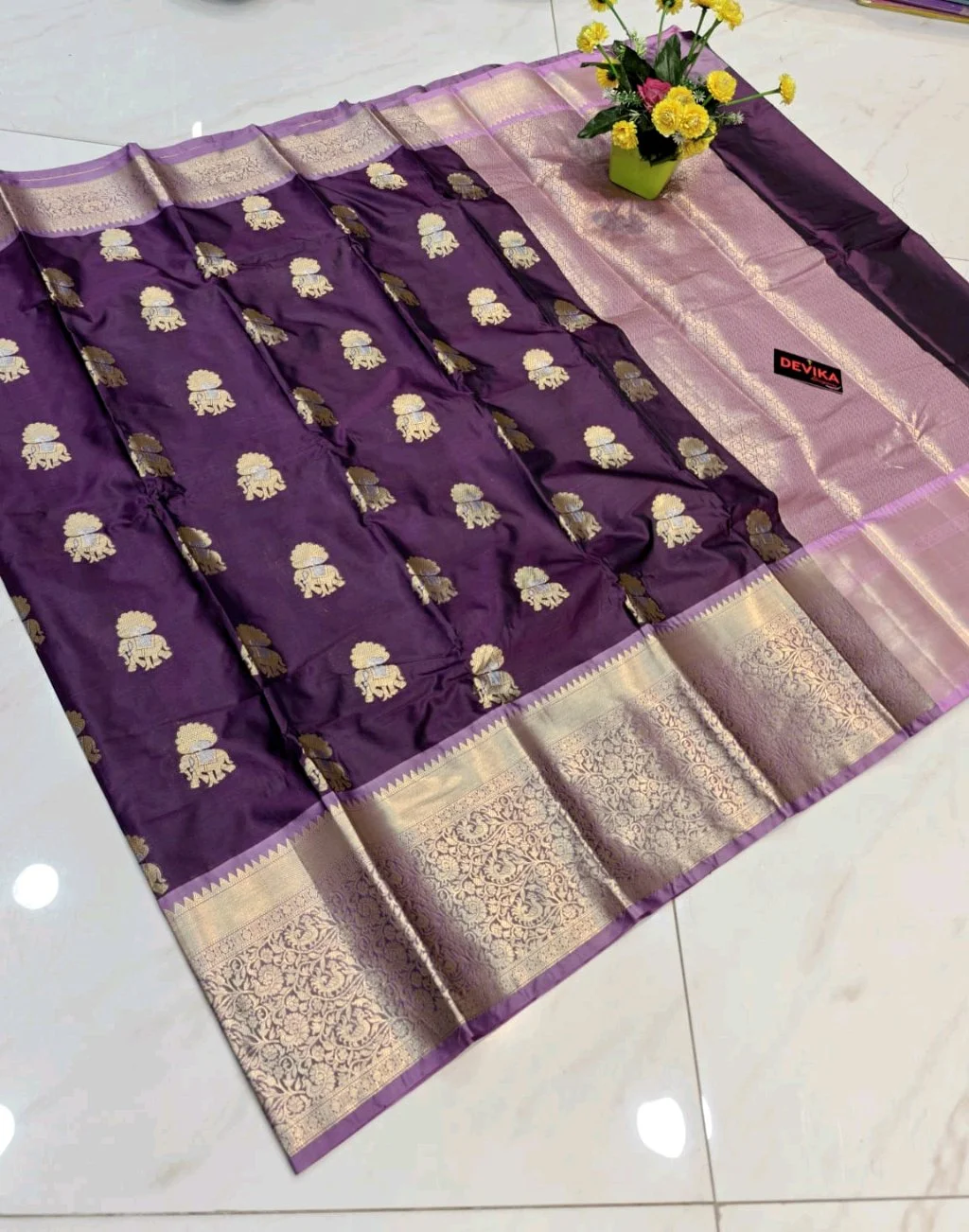New Kanjivaram Soft Pattu Silk Blend Saree with Gold Zari Elephant Peacock Border 8