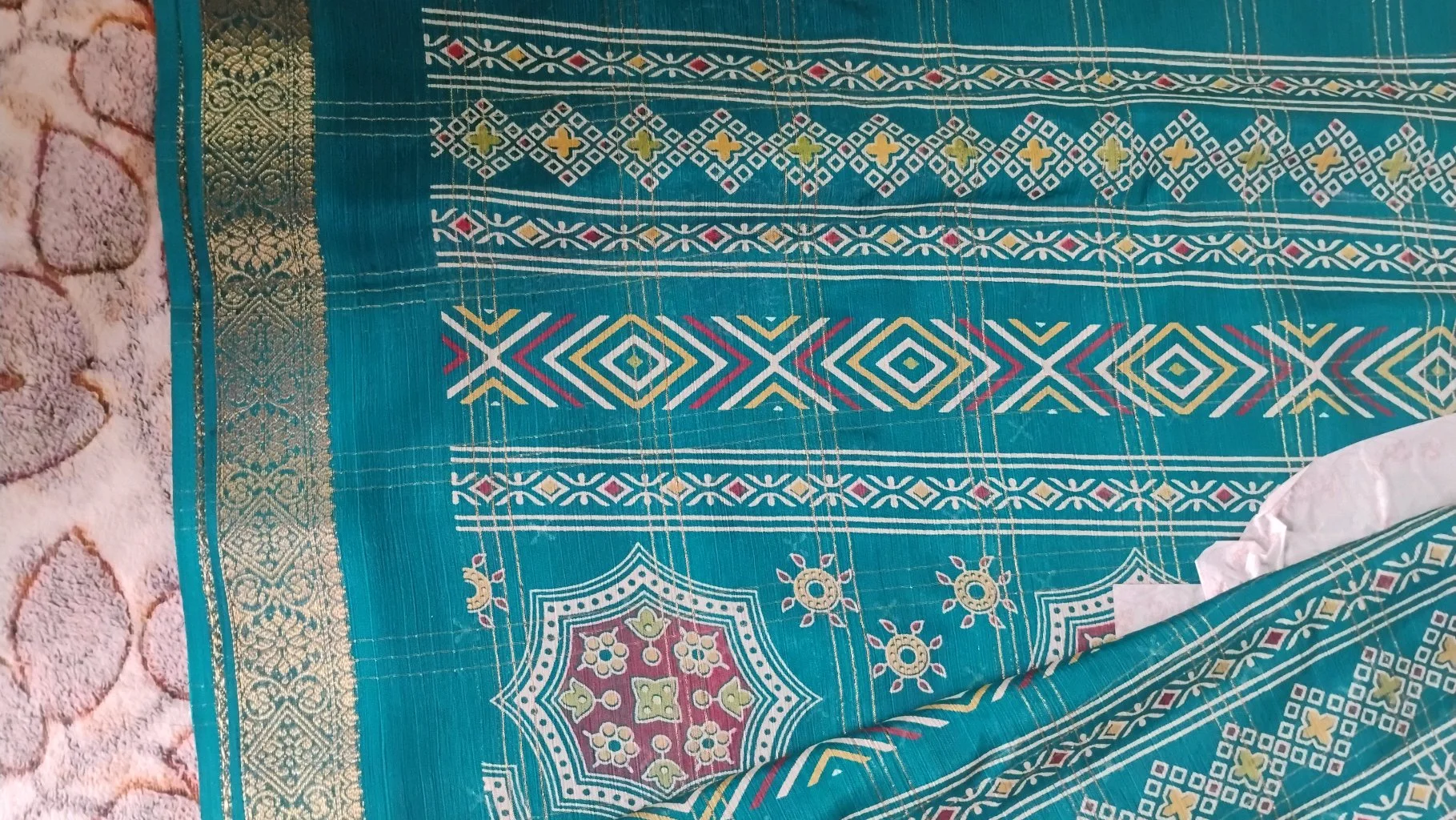 Teal Blue Checkered Saree with Floral Embroidery and Zari Border thumbnail 5