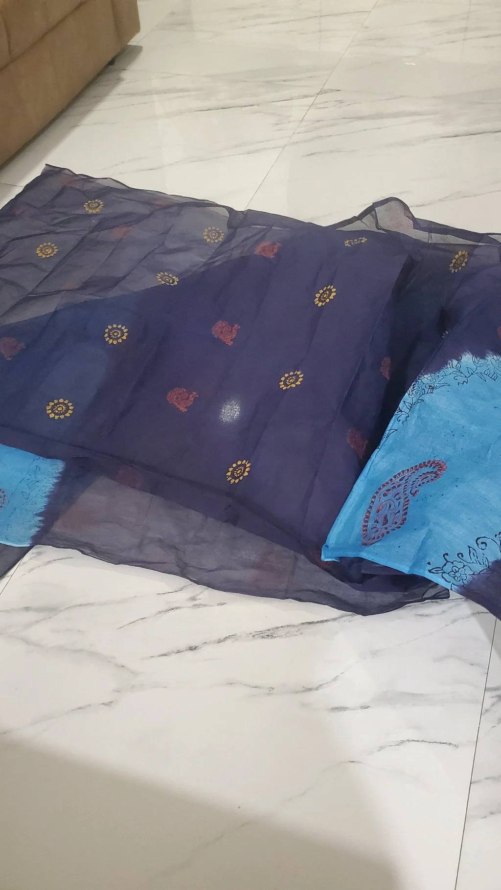 Navy Blue Organdi Saree with Gold Floral Motifs and CoperSalphteBlue Border thumbnail 1