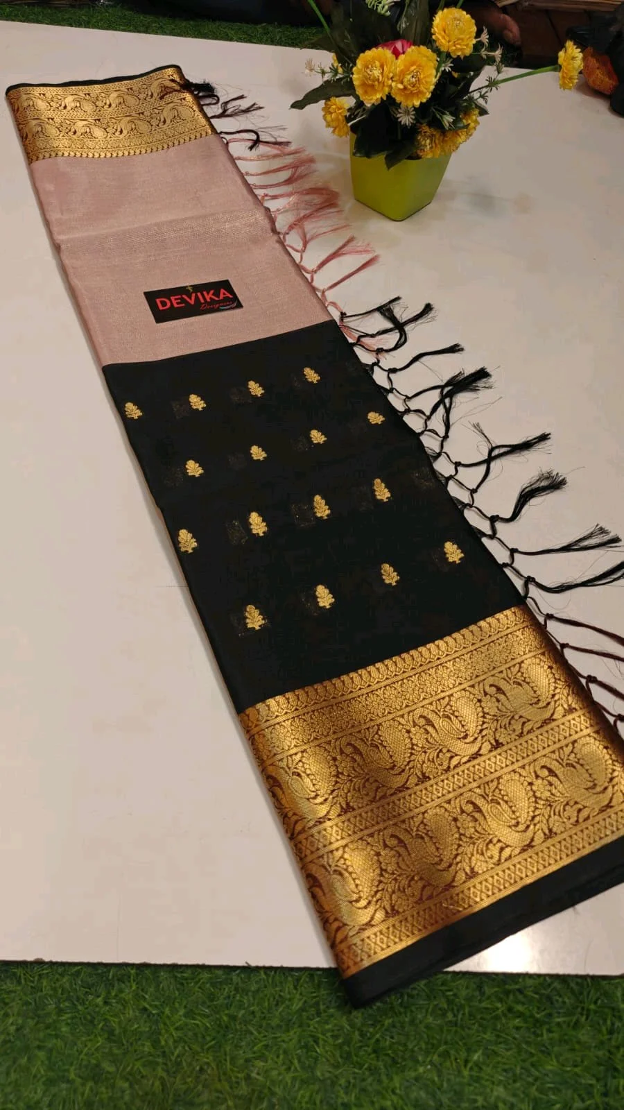 Black Cora Silk Saree with Gold Zari Border thumbnail 2