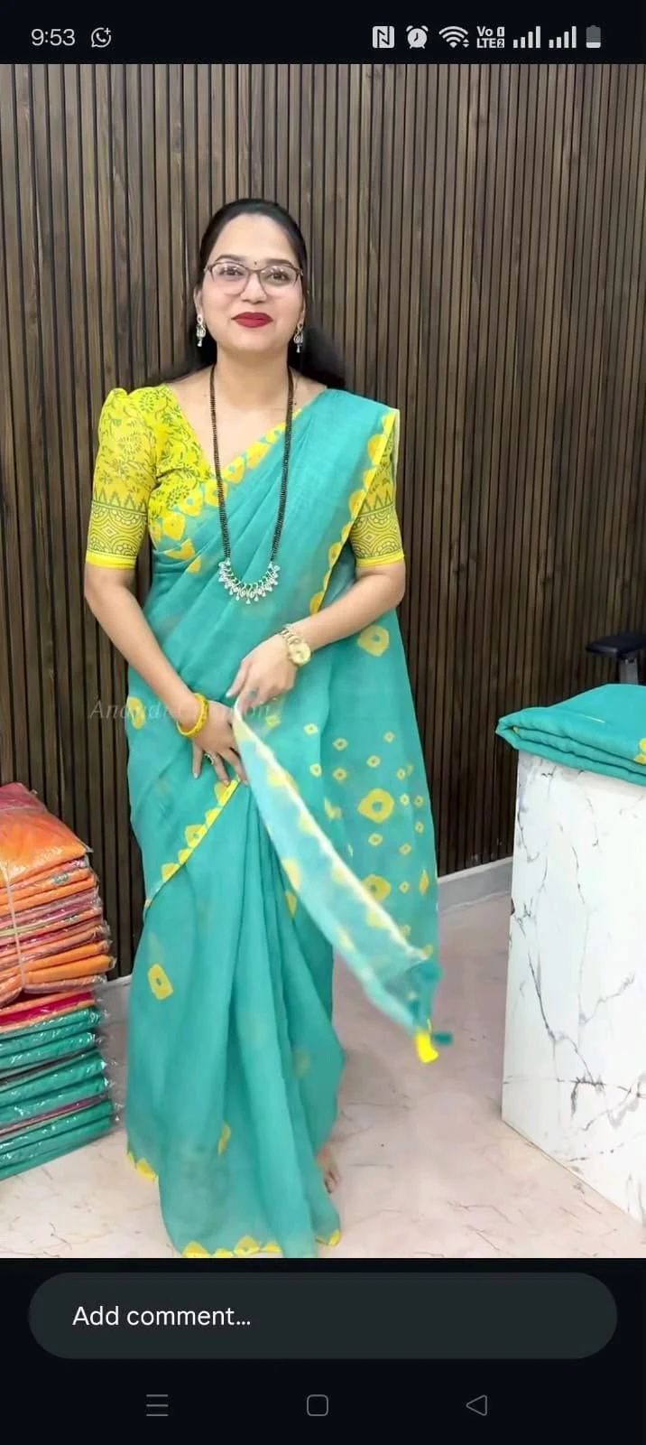 Teal Blue Cotton Saree with Yellow Bandhani Print thumbnail 6
