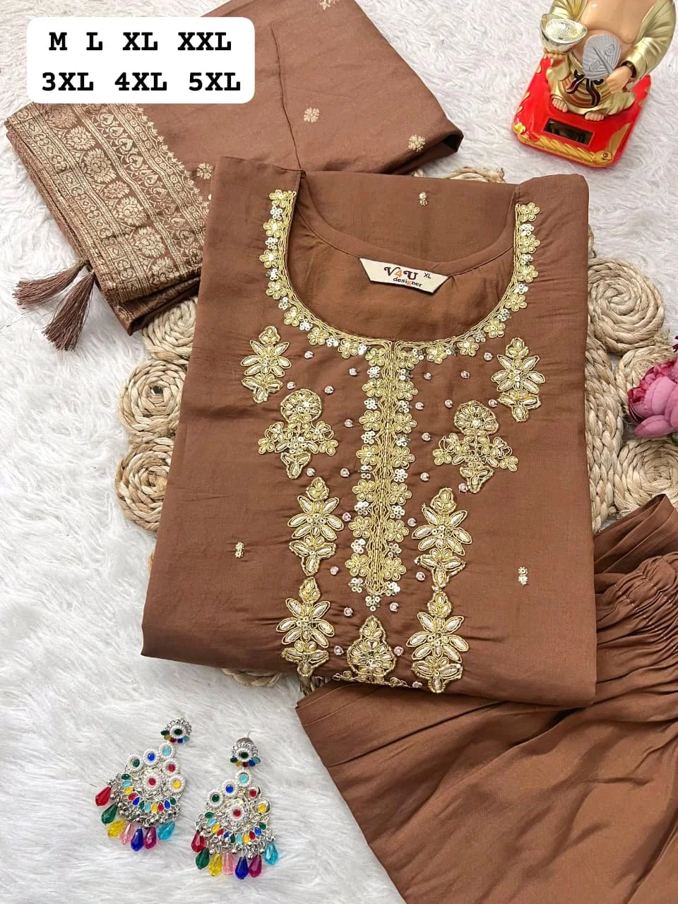 Brown  Heavy Viscose Embroidered Kurta Set with Banarasi Dupatta 3