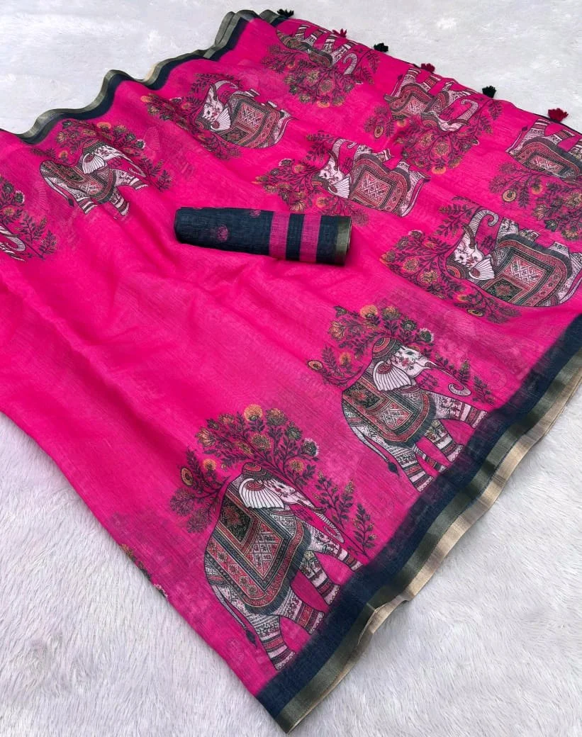 Linen Blend Printed Sarees thumbnail 7