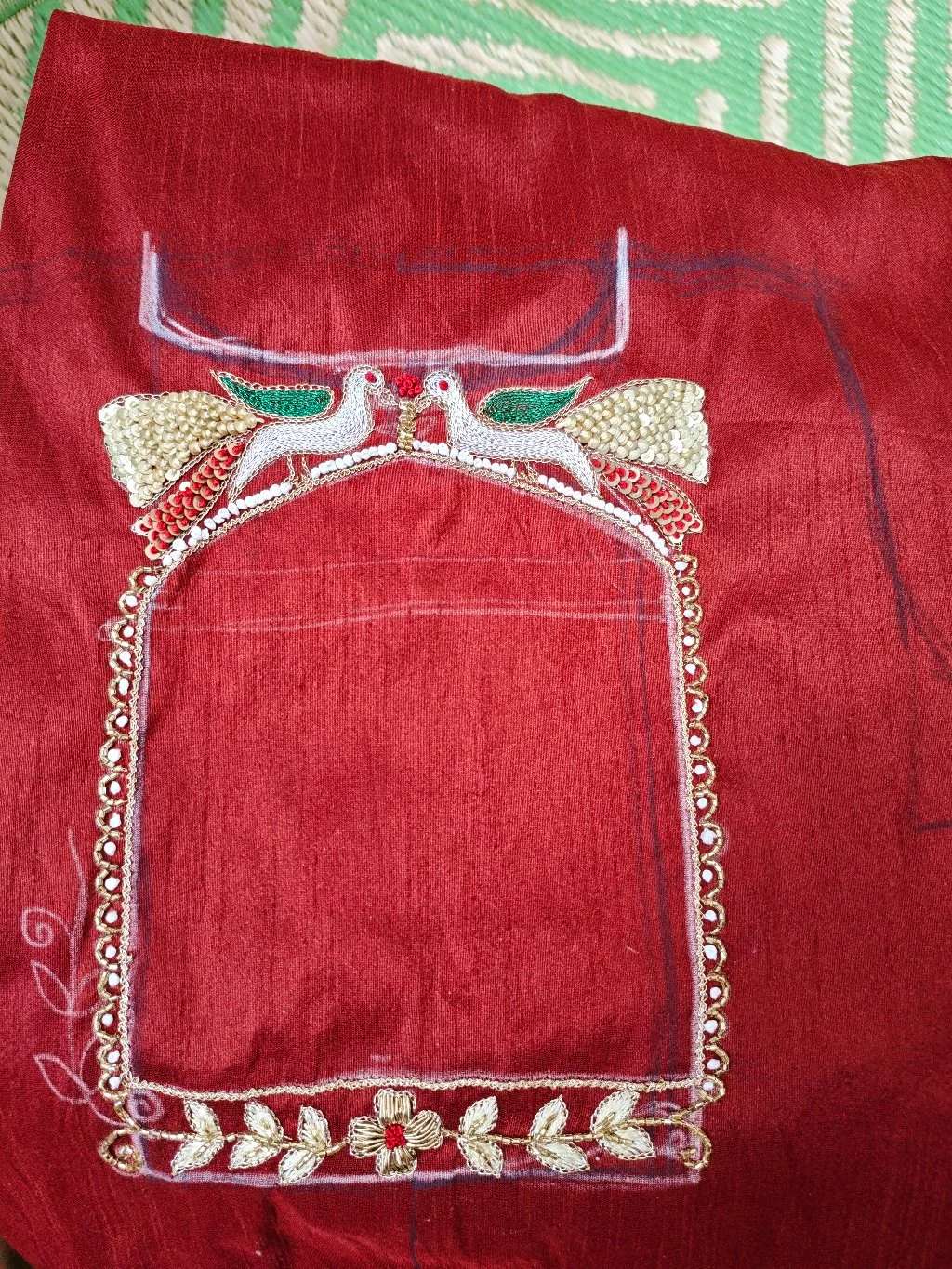 Red Blouse Maggam Work with Bird Design thumbnail 1