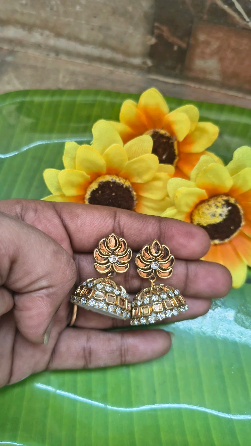 Gold Toned Floral Jhumka Earrings thumbnail 4
