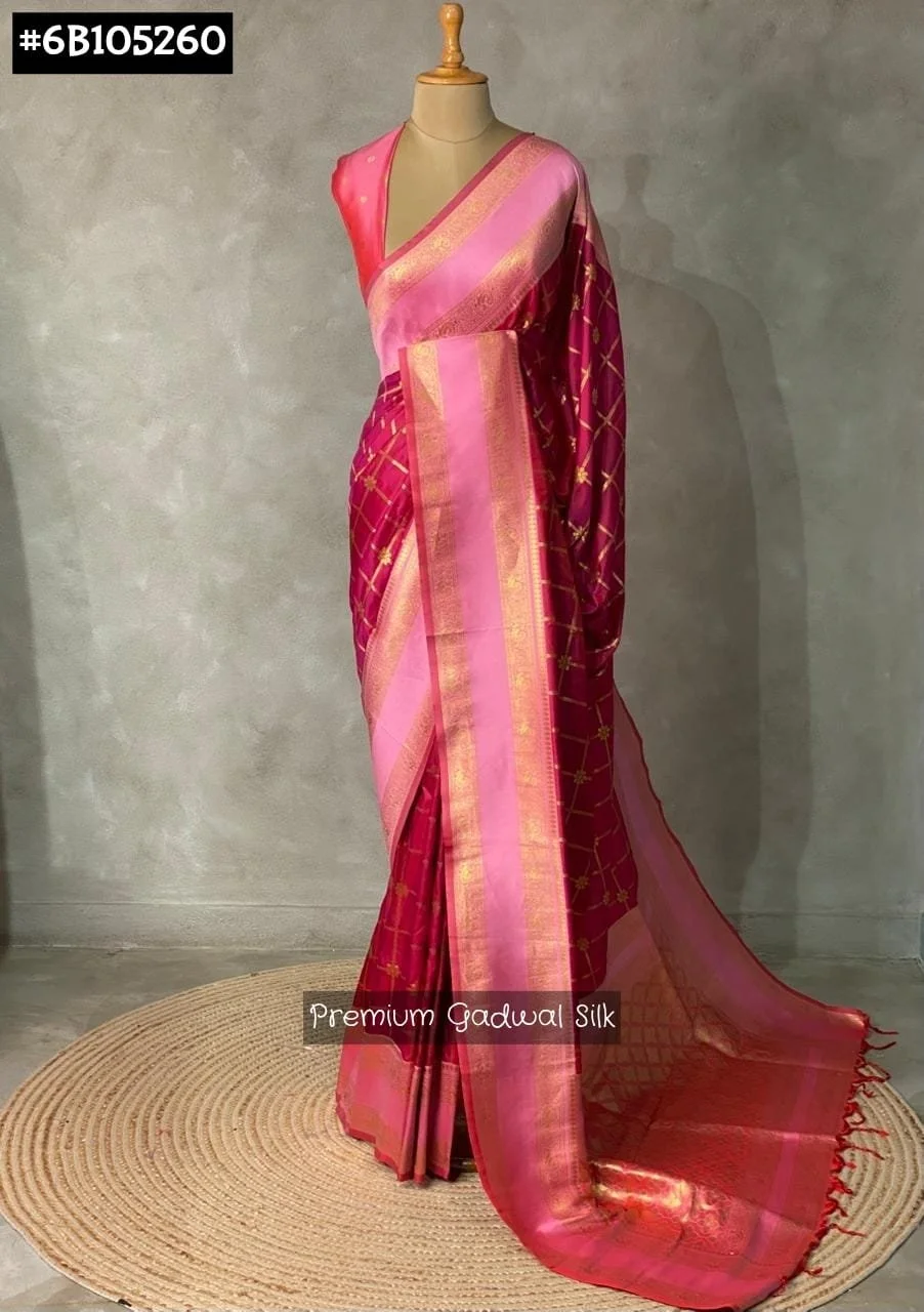 Premium Gadwal Silk Saree with Zari Checks and Contrast Pink Border