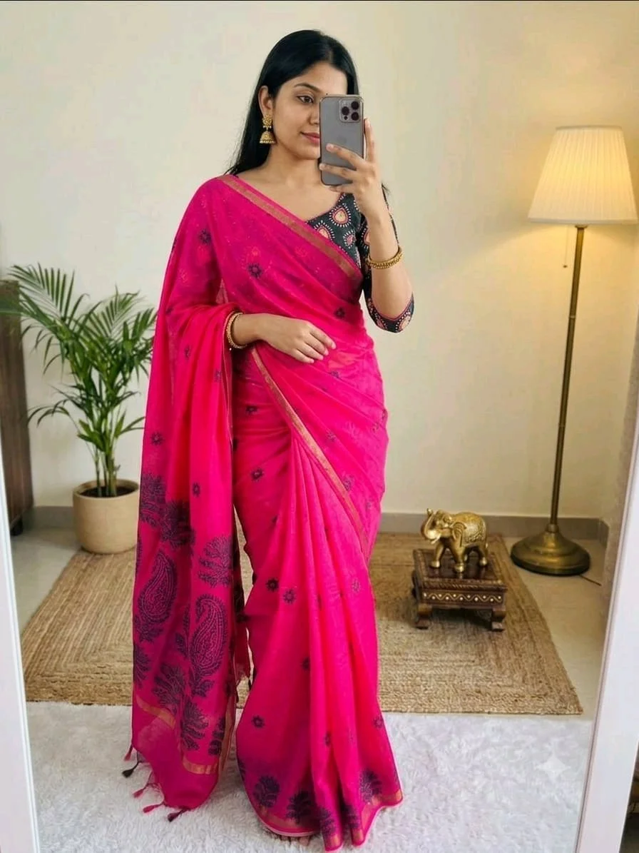Rani Pink Saree with Black Floral Block Print and Printed Blouse 4