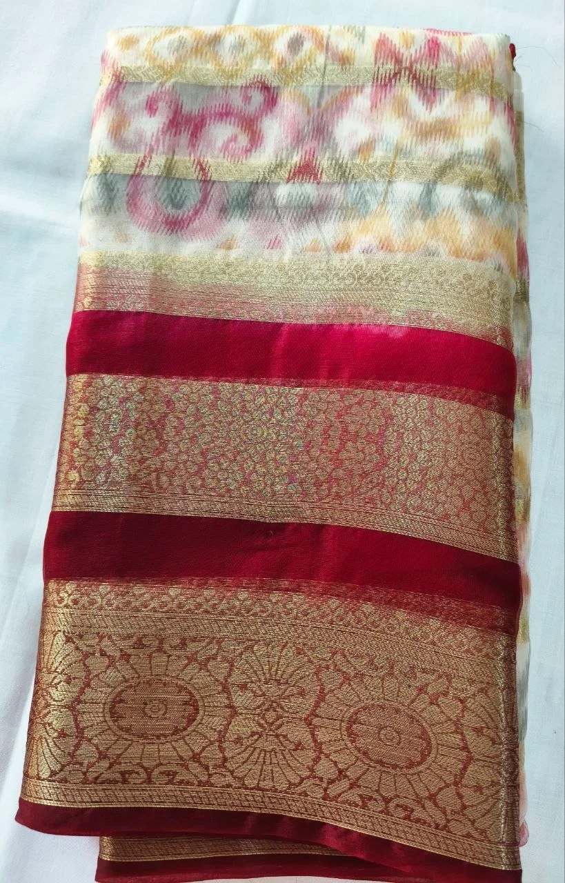 Ikat Pattern Saree with Blue and Gold Zari Border thumbnail 2
